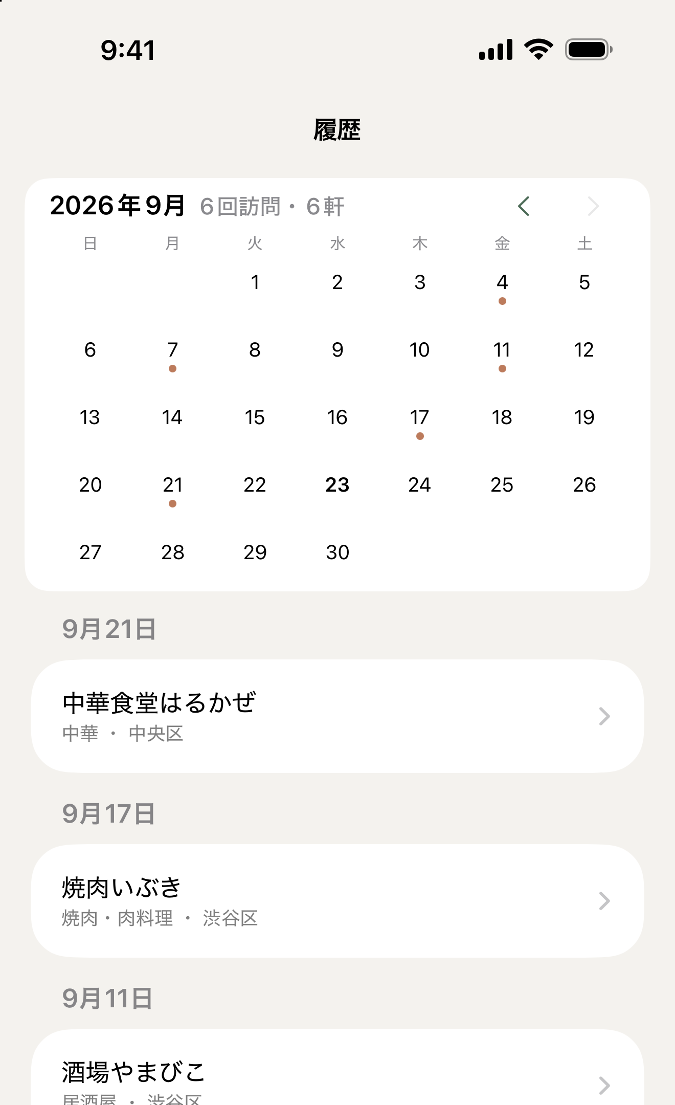 訪問した日に印がついた月のカレンダーと、行ったお店が日付ごとに並ぶ「履歴」画面